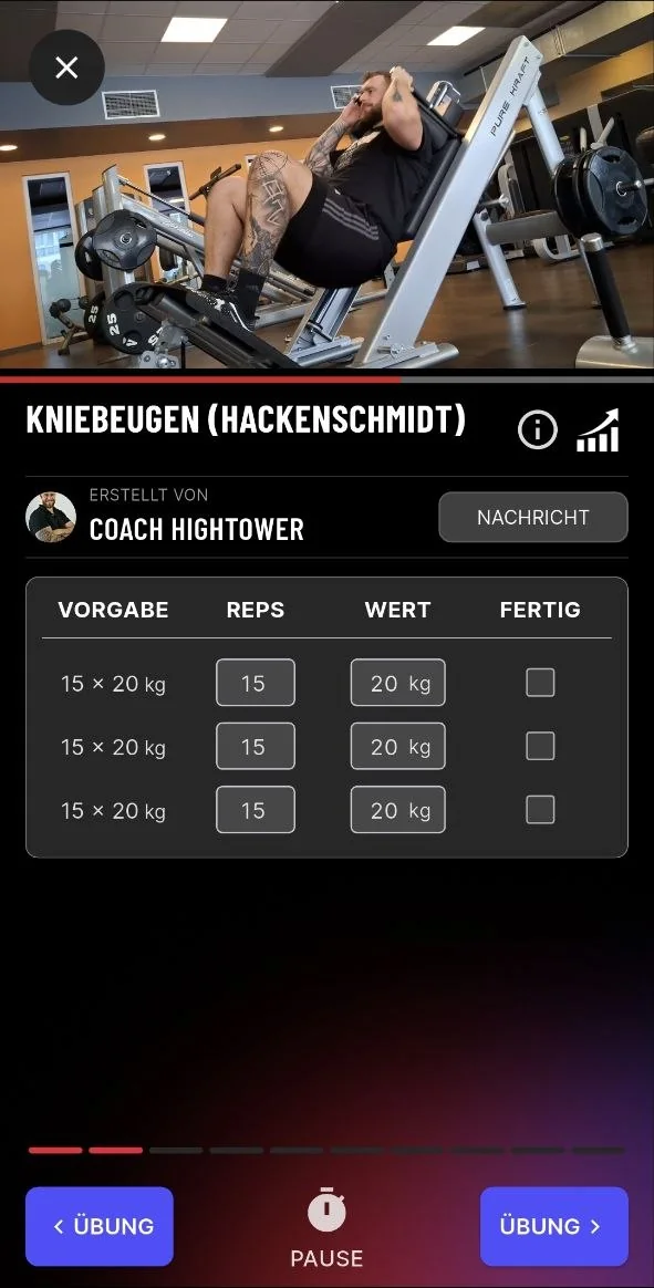 Übungsansicht mit Video, Satztabelle und dem Hinweis: erstellt von Coach Hightower